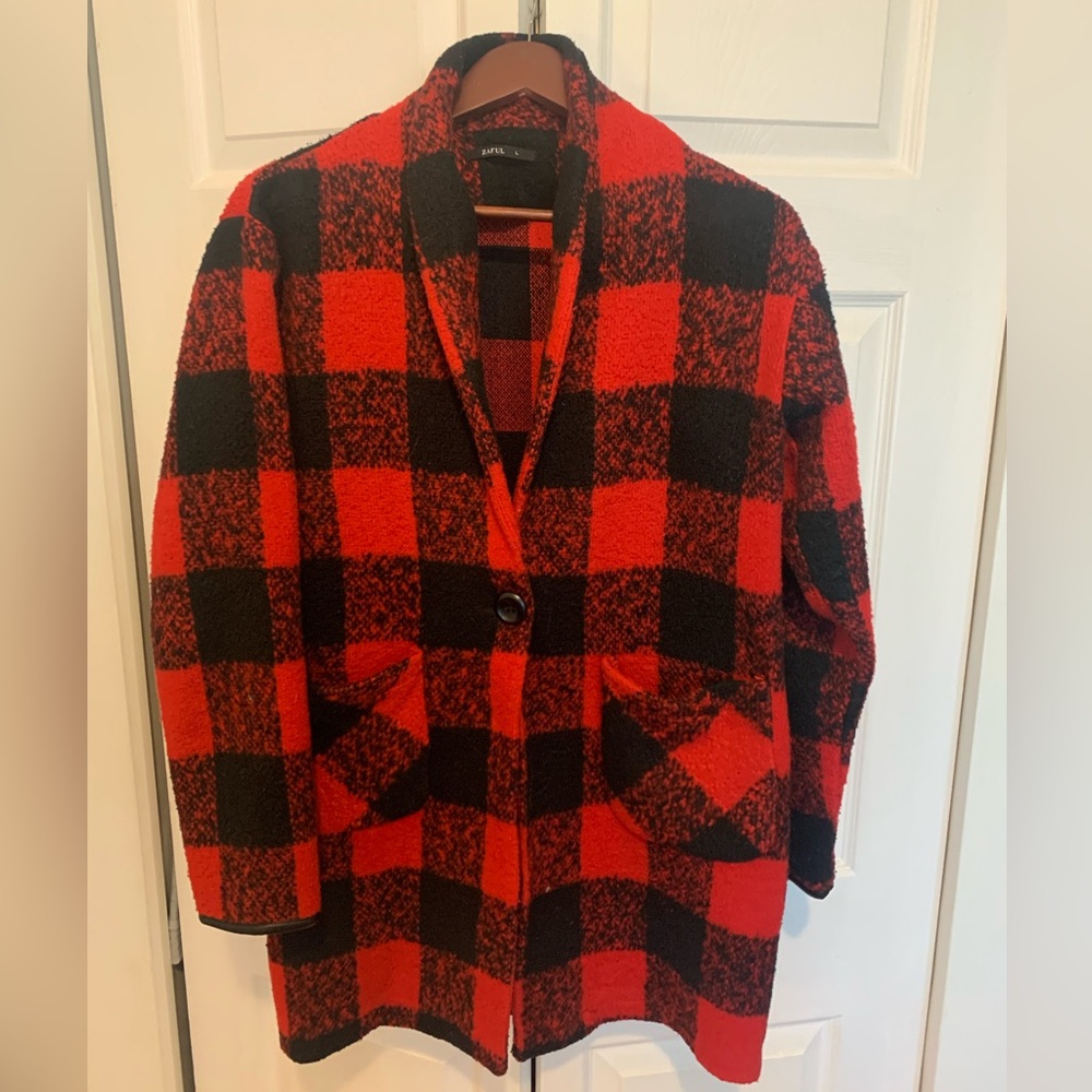 plaid red and black sweater coat
